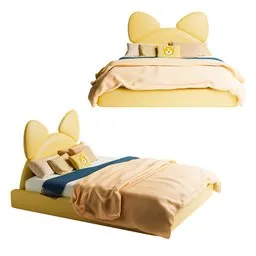 "High-quality 3D model of a cute dog-themed kids bed for Blender 3D software, with vibrant yellow and cyan colors and attention to detail. Inspired by Lars Jonson Haukaness and Shinji Aramaki, featuring unique elements such as white fox ears, belts, and a playful cat head design. Perfect for adding a touch of whimsy to any 3D bedroom scene."