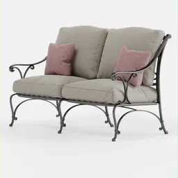 Detailed 3D two-seater outdoor sofa model with cushions for Blender rendering.