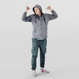 Scandinavian young male 3D model in hoodie and sweatpants posing for Blender character design.