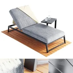 High-quality 3D model lounge chair with textured grey cloth on a wooden base, suitable for Blender rendering.