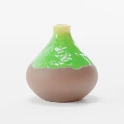 "Green and brown vase with white base, inspired by Kōshirō Onchi, partially glazed and painted in pale yellow and green. Created using Blender 3D modeling software."