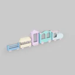 Playful stylized 3D toy train model in pastel colors, designed for Blender, isolated on a plain background.