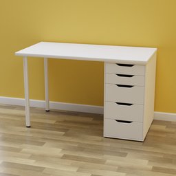 Realistic 3D-rendered white office desk with drawers for Blender modeling and interior design visualizations.