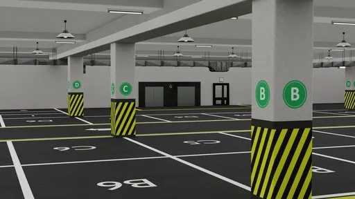 Detailed 3D model of an underground parking space with markings, optimized for Blender 3.0+.