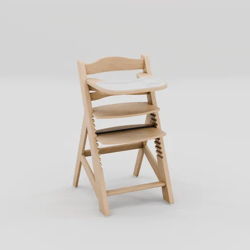 Scandinavian-style wooden high chair 3D model, ideal for children, crafted for Blender rendering with natural finish.