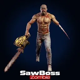 Realistic game-ready 3D zombie model with chainsaw, designed for Blender and Unreal Engine, featuring HD textures.