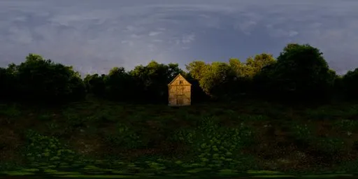 Wooden house in a lush forest under overcast sky, 360 VR 16K HDR lighting environment.