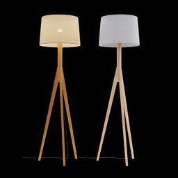 "Scandinavian-style floor lamp with white shade on black surface. Two models included in Zigor Samaniego style, featuring long thin legs and yellowish godray lighting. Perfect for Blender 3D models in the floor lamp category."