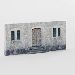 Low-poly Blender 3D model showcasing a textured stone doorway with stairs, flanked by two windows.