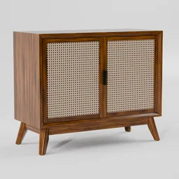 Realistic 3D model of a wooden sideboard with rattan doors for Blender rendering, isolated on a white background.