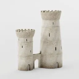 Detailed medieval castle turrets 3D model with connecting bridge, texture mapped for Blender animation projects.