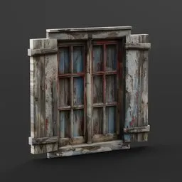 Highly detailed weathered wooden window 3D model with chipped paint, suitable for Blender rendering.