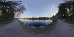 360-degree HDR panorama of Vancouver lake at sunset with clear skies and city skyline reflections for realistic lighting in 3D scenes.