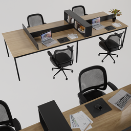 Detailed 3D model of a modern office setup with collaborative tables and accessories, suitable for Blender rendering.