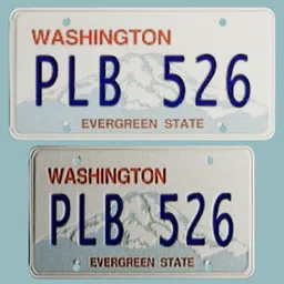 3D model of a Washington state license plate with low-res texture for vehicle use in Blender 3D.