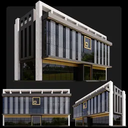 3D rendered modern office building model with glass facade and unique square-diamond window pattern, showing multiple views.
