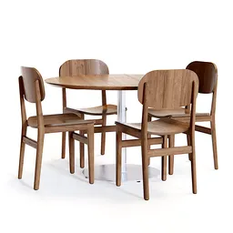 3D model render of a contemporary wooden dining set with chairs, optimized for Blender 3D.