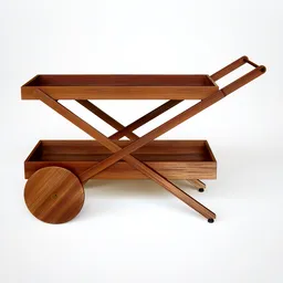 "Wood and steel bar cart designed by Sier for Blender 3D, perfect for restaurant and bar scenes. This 3D model features wooden handle and wheels, ashtray, and walnut wood accents. Inspired by Walter Haskell Hinton and trendsetting on Artstation."