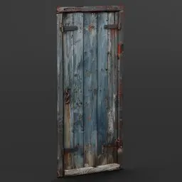 Weathered texture blue wooden door 3D model with iron hinges for historical Blender projects.