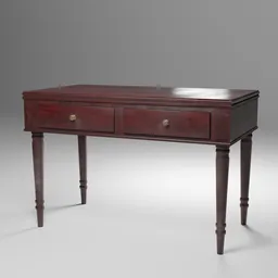 "Vintage wooden table with two drawers, rendered in Marmoset. Features wine red trim and intricate details. Inspired by the works of James Peale and showcased on 9 9 Designs."