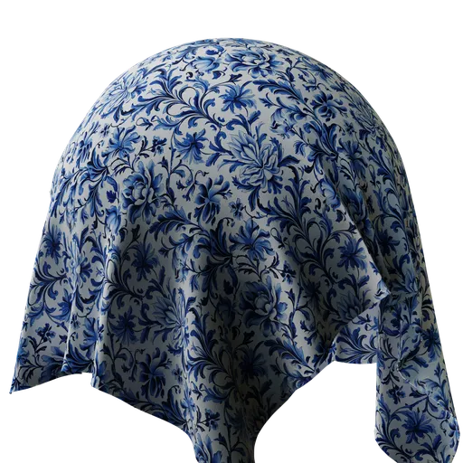 High-resolution PBR Blue Willow Flannel fabric texture for 3D modeling in Blender and other software, with detailed floral design.