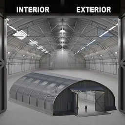 "Arched hangar, a realistic 3D model for Blender 3D, featuring a metal structure housing aircraft, cars, boats, or spacecraft. This versatile 3D model can be used as a warehouse or industrial premises, perfect for various projects and designs."