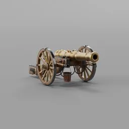 "High poly Medieval Cannon 3D model for Blender 3D. This historic military asset features fine details, a gray surface, and a gray background. Get ready to enhance your projects with this realistic depiction of a cannon, inspired by sea of thieves style and Napoleonic era weaponry."