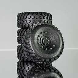 "Blender 3D model of off-road tire with bumpy matte black texture and sleek spines, created using Substance Painter. Available in large, medium, and small sizes for product design and catalog photography. Perfect for 3D printing and use in Frostbite engine."