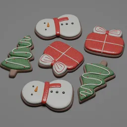 3D-rendered gingerbread snowman, Christmas tree, and gift cookie models, ideal assets for festive 3D projects.