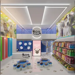 Detailed pet shop interior 3D model with shelves, pet food, and accessories, ideal for Blender rendering.