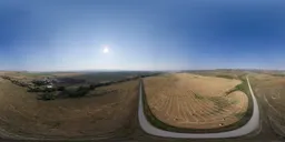 360-degree HDR panorama of a sunny agricultural landscape for scene lighting.