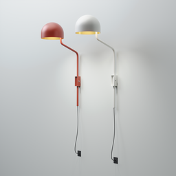 "Re-Volt OFFICER WALL SHORT lamp: a stylish wall-light inspired by Jesper Myrfors with orange and red lighting, rendered in redshift using Blender 3D. The lamp stands on a single long stick with a white and red color scheme, and a vertical orientation. Perfect for post-industrial or mate-themed spaces."