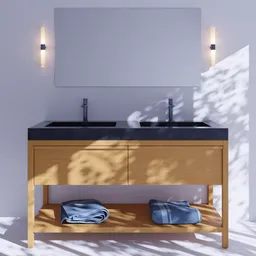 "Double sink freestanding bathroom vanity with wooden shelves and healing lights. High detail 3D model rendered with Octane, Indigo Renderer, and 360 panorama. Includes bath towels with displacement and created using Blender 3D software."