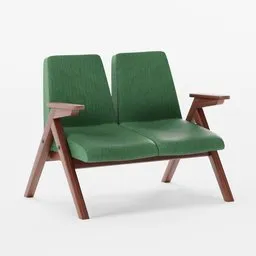 Detailed 3D rendering of a minimalist two-seater green fabric sofa with sleek wooden legs designed for Blender software.