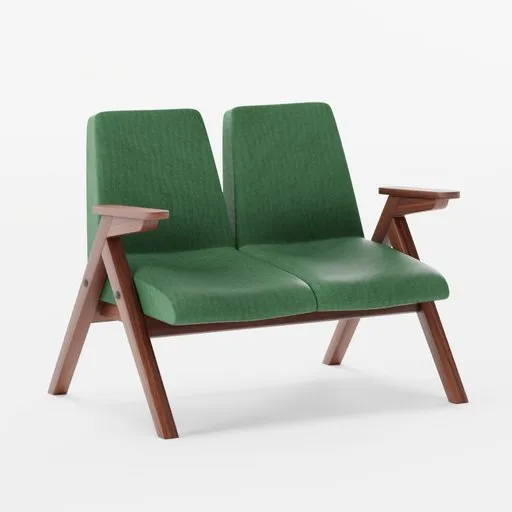 Detailed 3D rendering of a minimalist two-seater green fabric sofa with sleek wooden legs designed for Blender software.