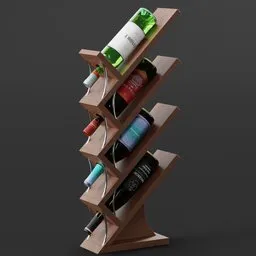 Detailed 3D render of a stylish wooden wine rack with assorted bottles, optimized for Blender.