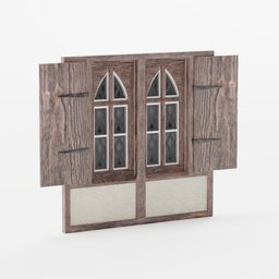 "Low-poly medieval window game asset with wooden shutters and leaded glass, modeled in 3D using Blender. Gothic antique theme with modular design and soft filtered outdoor lighting. Perfect for Blender 3D users in need of a high-quality 3D model for their project."