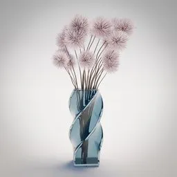 "3D model of a stylized decorative vase with pink flowers on a table. The blue vase, made of realistic glass with scratches and imperfections, adds an artistic touch. Perfect for Blender 3D users looking for a unique and visually appealing asset."