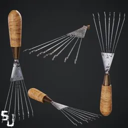 Detailed realistic 3D model of garden tools with wooden handles suitable for Blender rendering and animation.