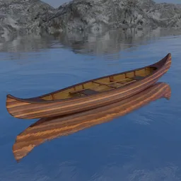 3D modeled varnished wooden canoe with paddles, detailed textures, ideal for Blender rendering projects.