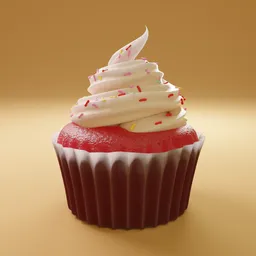 Realistic Blender 3D model showcasing detailed red velvet cupcake with cream cheese frosting and sprinkles.