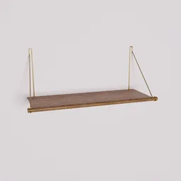 Detailed 3D rendering of an oak wall shelf with metal supports, compatible with Blender for interior design visualization.