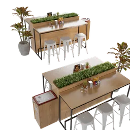 Detailed 3D model of a modern food court table with stools and decorative plants for Blender renderings.