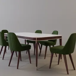 Detailed 3D model of a modern dining table with chairs for Blender rendering, featuring elegant design and textures.