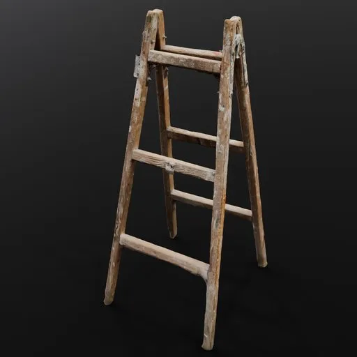 Realistic Blender 3D model of a foldable wooden construction ladder with putty stains, suitable for polycount reduction.
