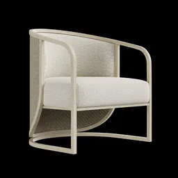3D model of a modern deco-inspired lounge chair with linen cushion and rattan herringbone weave, optimized for Blender.