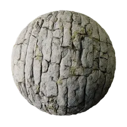 High-resolution PBR texture of a cracked cliff wall with moss accents for realistic 3D stone material rendering.