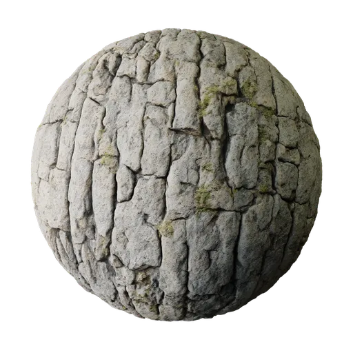 High-resolution PBR texture of a cracked cliff wall with moss accents for realistic 3D stone material rendering.