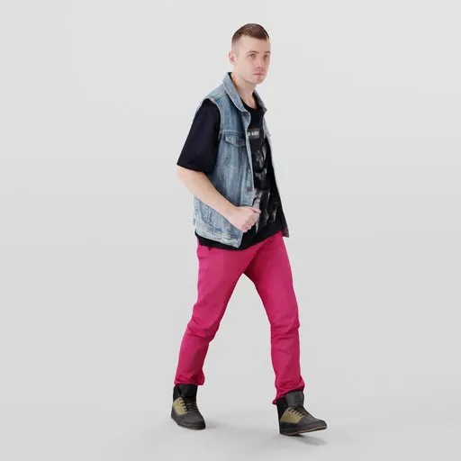 3D model of young male with red pants and denim vest in mid-stride pose, designed for Blender.
