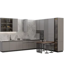 Detailed 3D render of a modern kitchen set with a sliding table, designed in Blender 3.6, available in .blend format.